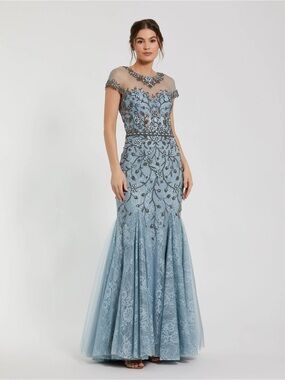 MAC DUGGAL
Blue Embellished Lace Evening Gown with Illusion Neckline